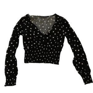 Black Abercrombie Polka Dot V-Neck With Puff Sleeves & Elastic Stitching (small)